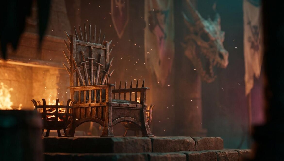 Game of Thrones en 2026 se juega su futuro: dos series, cero margen para aburrir Trono metálico medieval iluminado por el fuego, con ceniza flotando y estandartes desenfocados al fondo, ambiente oscuro y dramático