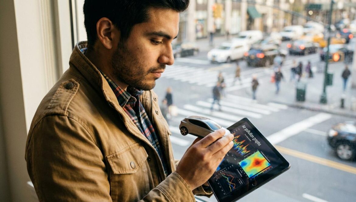 Gasolina vs diésel: el mito verde que nos está saliendo caro Joven ingeniero latino observa un coche en miniatura y una tablet con gráficos de contaminación urbana.