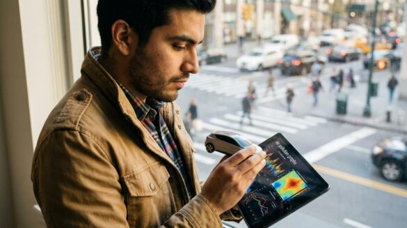 Joven ingeniero latino observa un coche en miniatura y una tablet con gráficos de contaminación urbana.