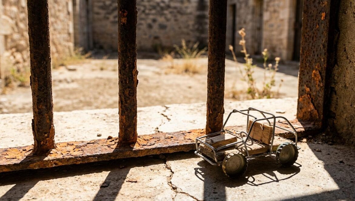 ¿Get the Gringo es solo violencia? El detalle humano que explica su culto en streaming Rejas oxidadas de una celda con un cochecito artesanal apoyado, al fondo un patio polvoriento y cemento agrietado con luz dura de mediodía.