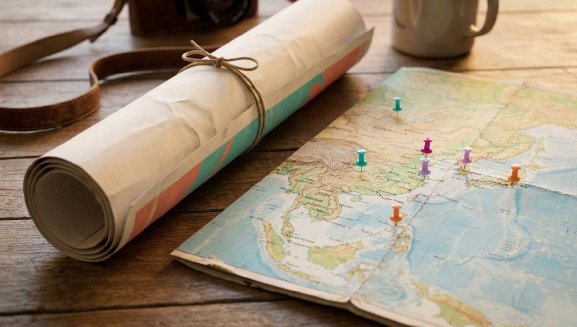 Gira Arcadia 2026 de Chen: más Asia, cero Europa y lo que ese mapa revela Póster de gira enrollado junto a un mapa de Asia con chinchetas de colores marcando ciudades, en una mesa con luz cálida y textura de papel visible.