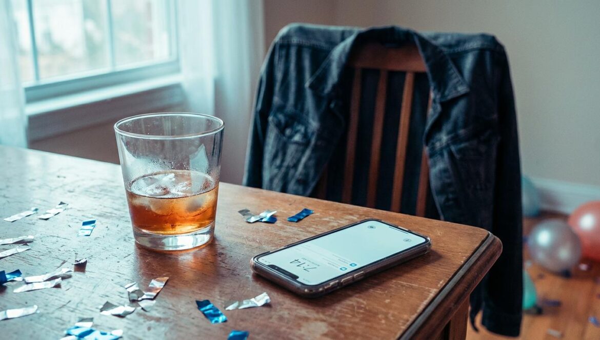 Hangxiety: por qué la Generación Z rinde más (y el alcohol ya no manda) Una copa casi intacta junto a un móvil con notificaciones genéricas, luz de mañana y restos de fiesta desenfocados en el fondo