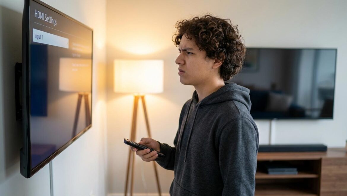 HDMI con superpoderes ocultos: eARC y CEC explican por qué tu setup se siente viejo Persona joven ajustando la configuración HDMI en una televisión junto a una barra de sonido