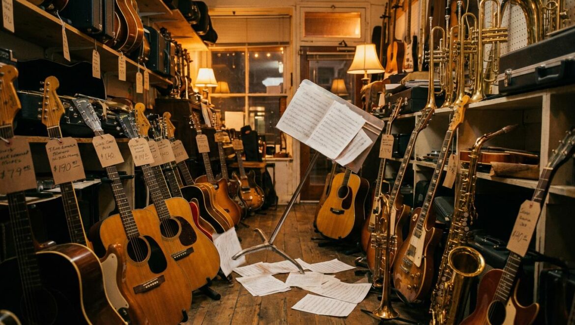 HEARTMAN: por qué P.O es el caos perfecto que salva el romance Tienda pequeña de instrumentos con guitarras y metales; un atril cae en un pasillo estrecho con etiquetas de precios escritas a mano, luz cálida de tarde.