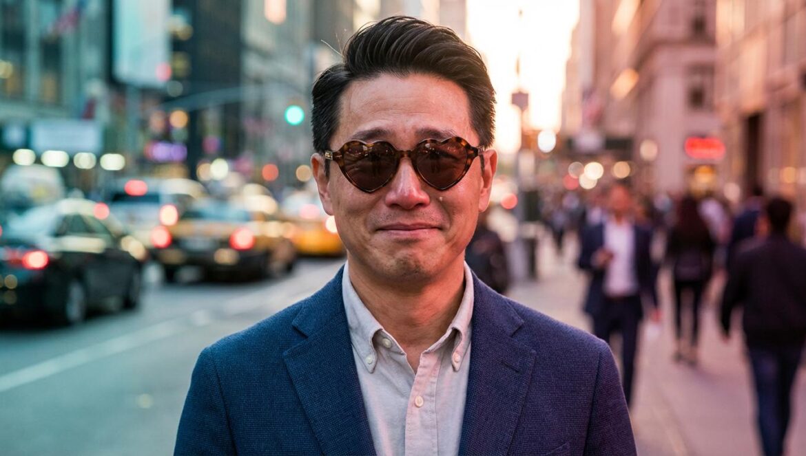 Heartman y el regreso inesperado del primer amor en el cine coreano Hombre asiático de mediana edad con gafas de corazón sonríe con melancolía en una calle urbana desenfocada.