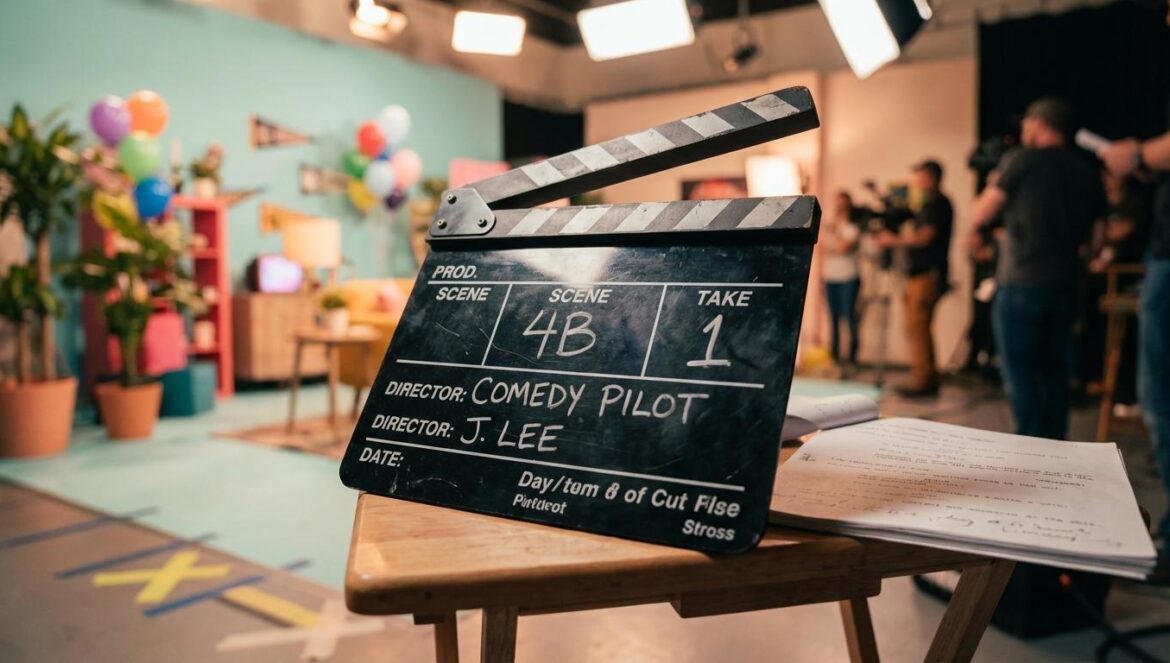 HEARTMAN y su making-of: la química que no se puede fingir (y se nota) Claqueta de cine sobre una mesa en un set de comedia, con guion manuscrito y marcas en el suelo al fondo, luz cálida y ambiente de rodaje