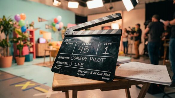 Claqueta de cine sobre una mesa en un set de comedia, con guion manuscrito y marcas en el suelo al fondo, luz cálida y ambiente de rodaje