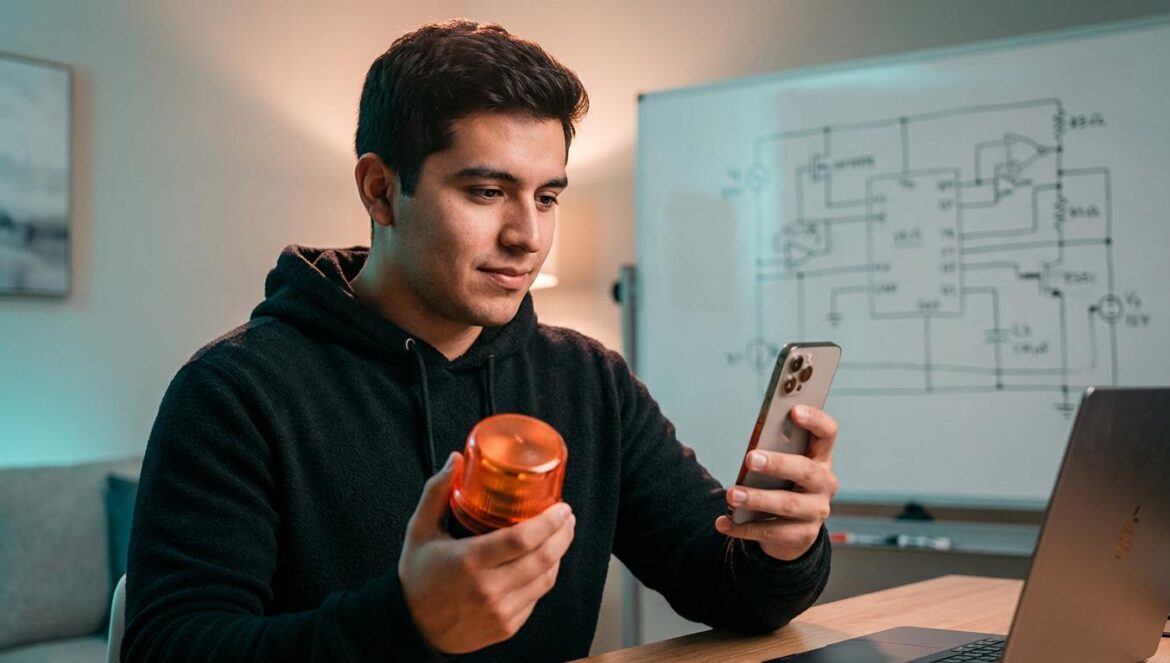 Help Flash IoT: la baliza V16 que prometía seguridad y terminó abriendo un agujero IoT Educador tech sostiene una baliza V16 y mira su celular, con un portátil desenfocado al fondo en un escritorio.