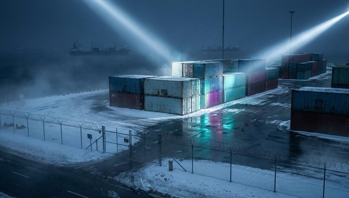 HUMINT: el tráiler convierte Vladivostok en un tablero sucio y eso lo cambia todo Muelle fronterizo nocturno con nieve, focos barrriendo contenedores y vallas de alambre, con un carguero difuminado entre la niebla