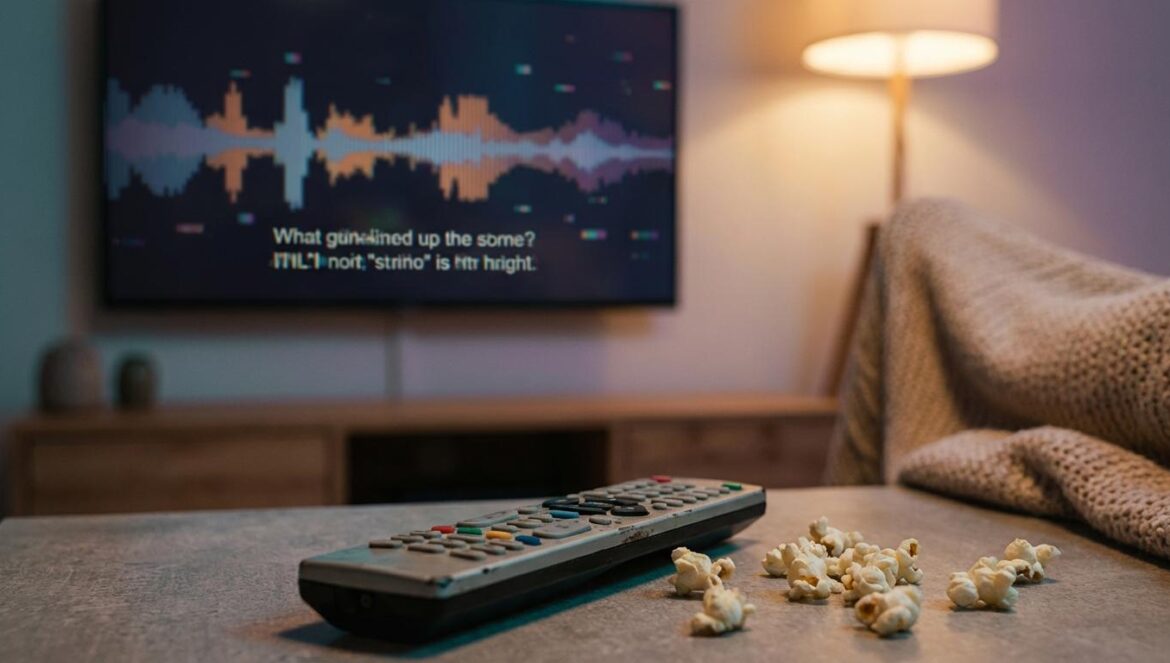 IA en Hollywood en 2025: tanto hype, tan poca magia (y el problema no es la tecnología) Mando a distancia frente a una tele con subtítulos desincronizados y una onda de audio artificial en un salón tenue, con detalles de píxeles y palomitas.