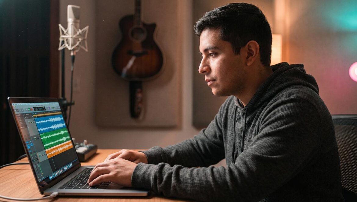 IA en la música country: así suena Nashville cuando se vuelve línea de montaje Productor musical joven latino frente al portátil en un estudio casero con micrófono y guitarra de fondo.