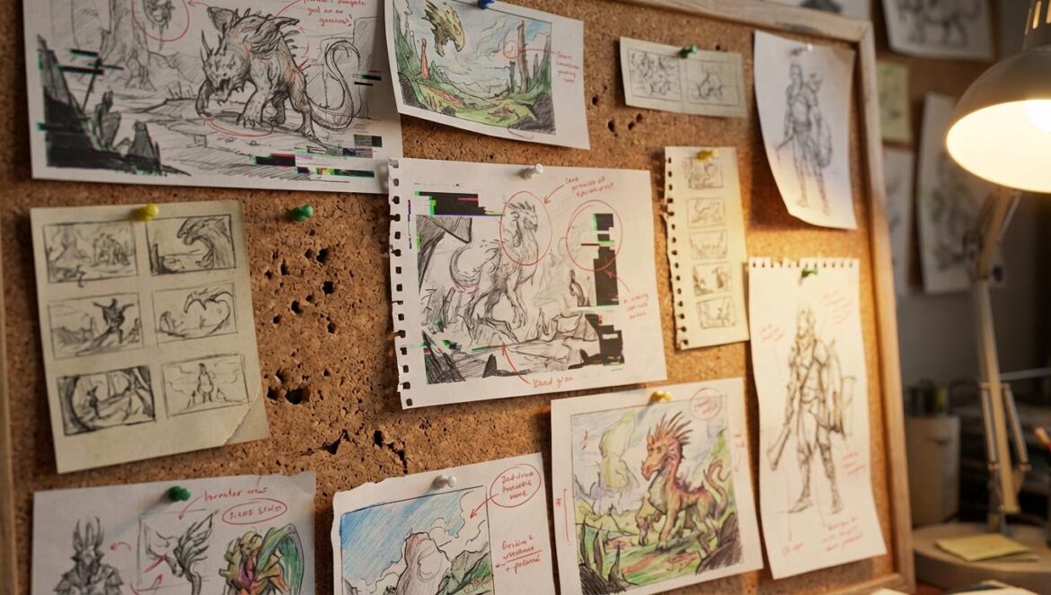 IA generativa en Divinity: el matiz de Larian que está partiendo a la comunidad Panel de corcho con bocetos de arte conceptual de fantasía, notas a lápiz rojo y algunas texturas con fallos sutiles, con luz cálida de estudio