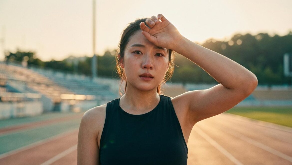 Im SooHyang en ‘Run to Survive’: el malentendido que desnuda los realities coreanos Actriz coreana en ropa deportiva sobre una pista de atletismo, cansada pero decidida.