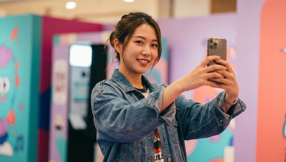 Infinite Challenge revive la nostalgia K‑variety con un pop‑up épico Joven fan asiática haciéndose un selfie en un pop-up colorido inspirado en un programa de variedad coreano.