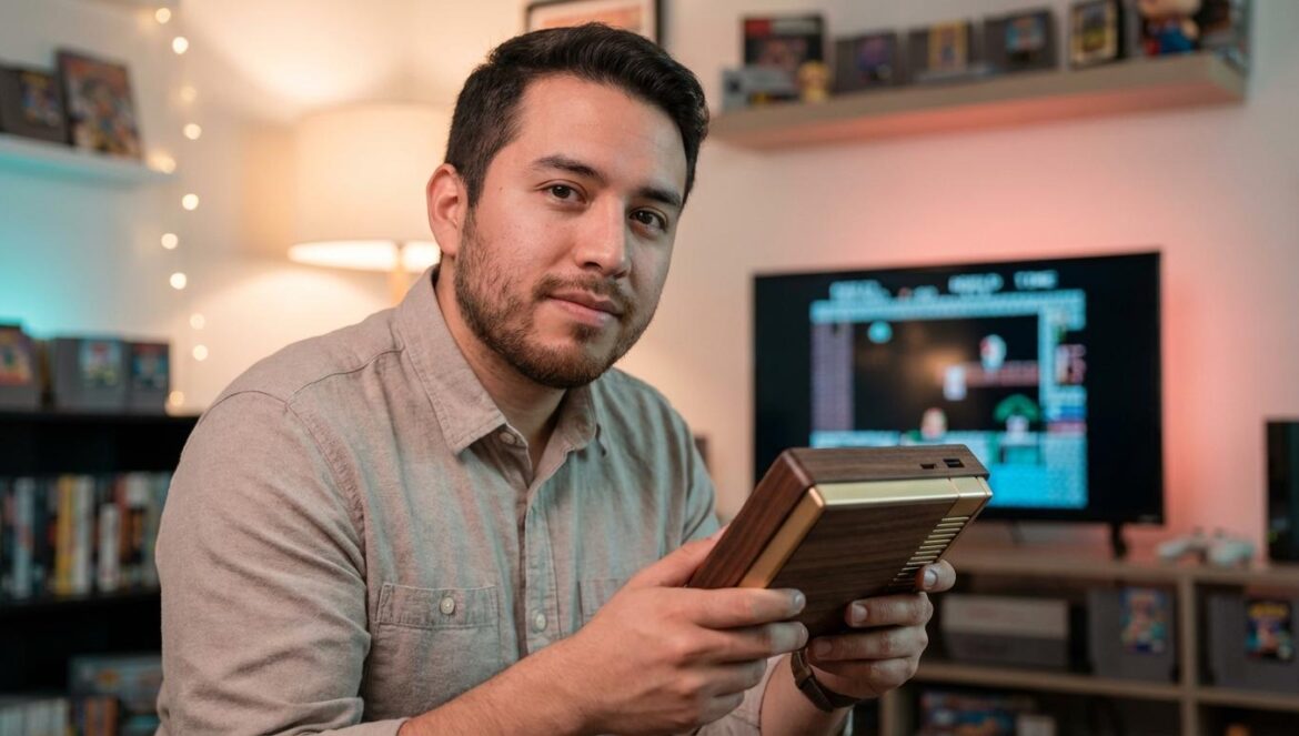 Intellivision Sprint: Atari vende a su antigua rival y cierra una guerra mítica Jugador joven sujetando una pequeña consola retro de acabado en madera y dorado frente a un televisor moderno.