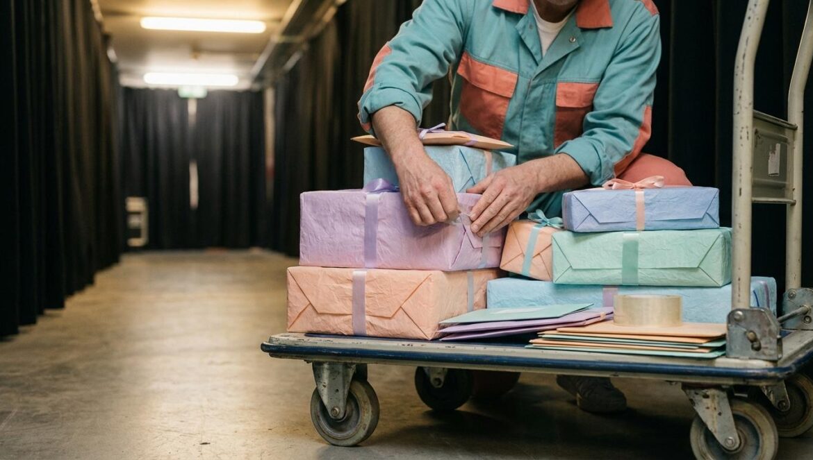 IVE corta los regalos de fans y deja solo cartas: por qué este límite importa más de lo que parece Cajas de regalo envueltas en papel pastel y sobres escritos a mano sobre un carro metálico en un pasillo tipo backstage, con cinta de seguridad.