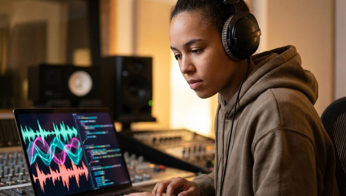 Jorja Smith, HAVEN. y “I Run”: cuando la música con IA vive del engaño Productor musical joven con auriculares mirando una pantalla con formas de audio y gráficos de IA.