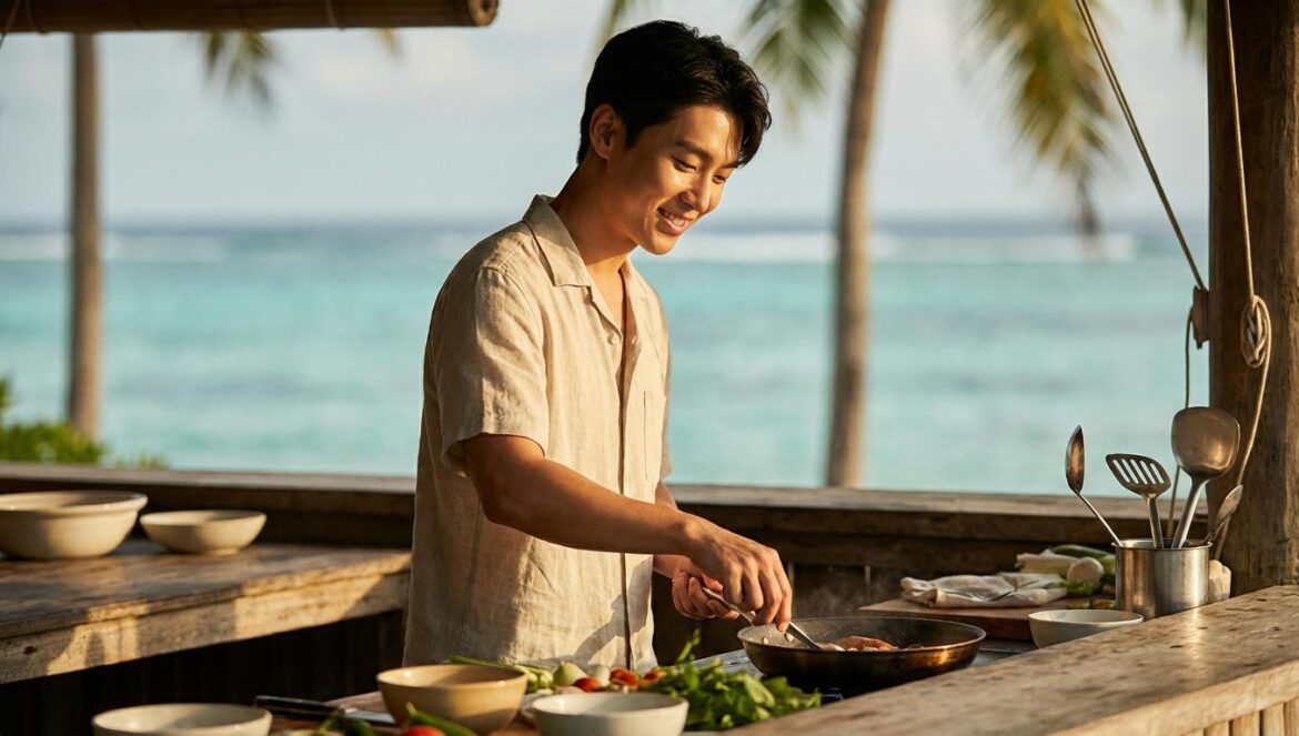 Jung JunWon salta de ‘Resident Playbook’ a chef caótico: así manda en el variety Actor coreano joven cocinando en una cocina abierta con fondo tropical desenfocado.