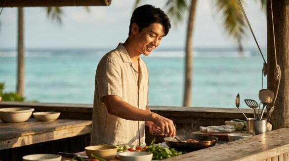 Jung JunWon salta de ‘Resident Playbook’ a chef caótico: así manda en el variety Actor coreano joven cocinando en una cocina abierta con fondo tropical desenfocado.
