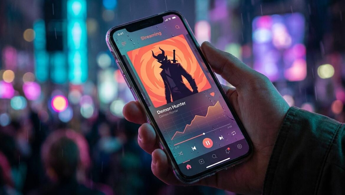 K-pop en 2025: del escenario al “universo” pop, el giro que cambió la conversación Primer plano de un móvil con una app de streaming, un póster animado y un gráfico de charts, con luces de concierto desenfocadas y reflejos de lluvia.