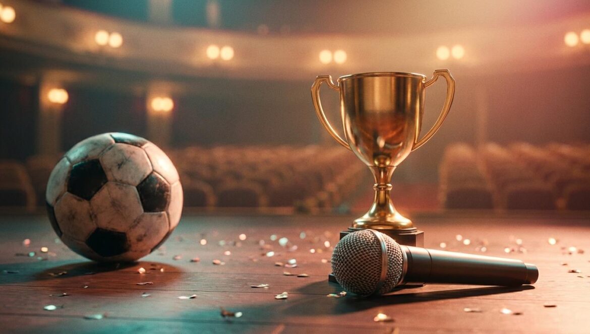 Kim Jin Kyung anuncia su embarazo en los SBS Awards y deja una pista clave sobre su pausa en “Shooting Stars” Un trofeo dorado y un micrófono junto a una pelota de fútbol, con luces cálidas de escenario y el auditorio desenfocado al fondo.