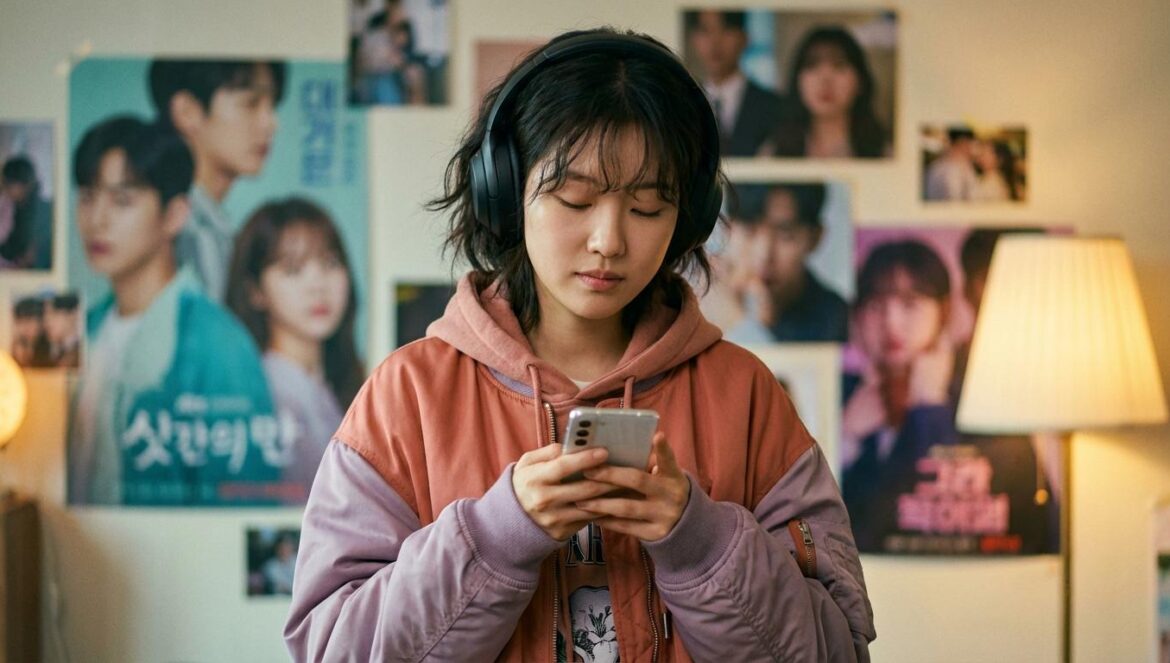 La banda sonora de ‘The Last Summer’ redefine cómo vivimos un K‑drama Chica joven asiática con auriculares mirando su móvil mientras escucha un OST de K‑drama.