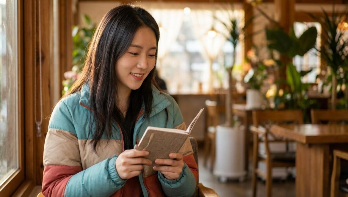 Lee SunBin en “House on Wheels”: el debut oculto que cambia su historia Actriz coreana joven sonriendo suavemente en un viaje, con chaqueta de invierno y un cuaderno en las manos.