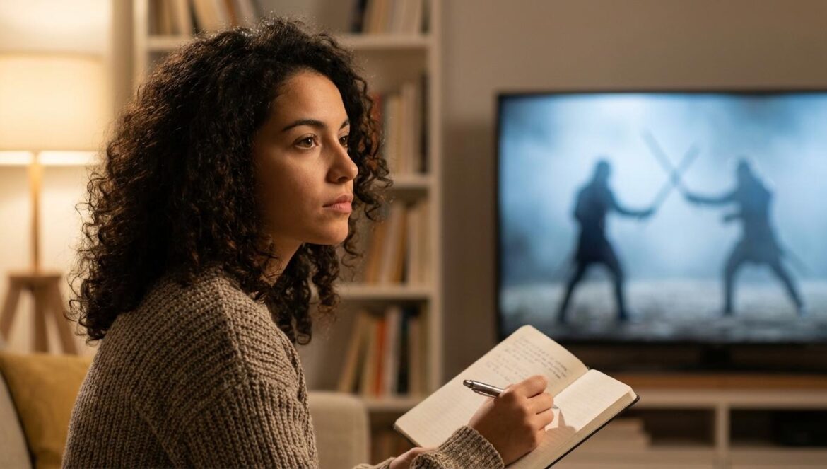 “Los inmortales”: cómo “Solo puede quedar uno” escapó del cine y se volvió regla del juego Joven periodista viendo en la tele una escena de duelo con espadas mientras toma notas en un salón cálido.