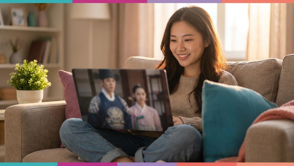 Joven viendo un drama coreano en su portátil, sentada en un salón acogedor.