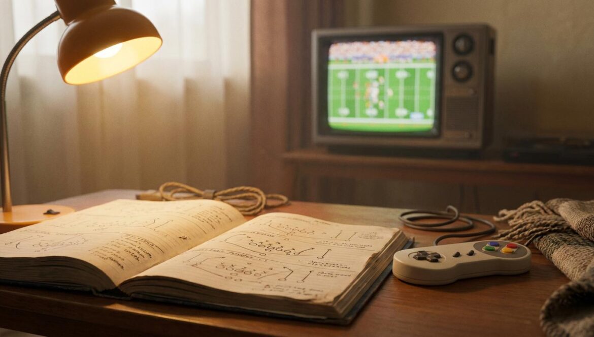 Madden: Nicolas Cage le da la vuelta al biopic y lo convierte en la película gamer más intrigante de 2026 Un cuaderno de jugadas de fútbol americano junto a un mando de videojuego, con una tele CRT al fondo mostrando un partido pixelado