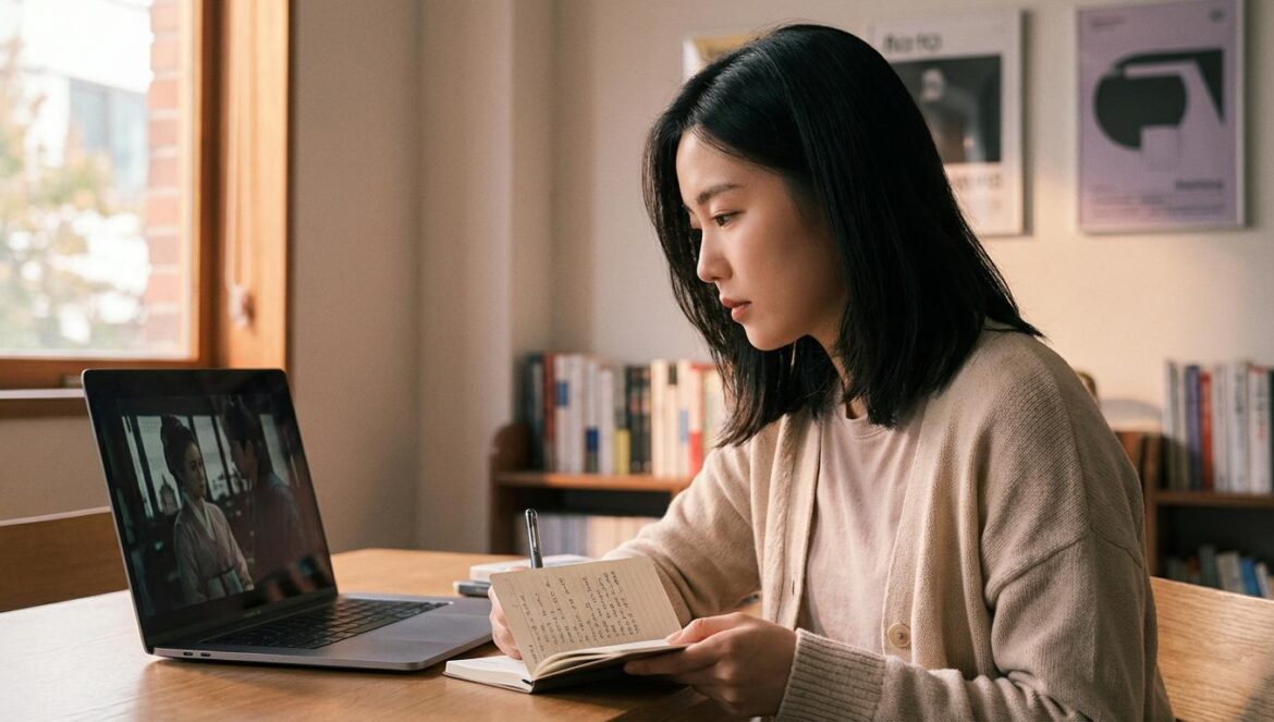 Made in Korea redefine a los villanos: así se ve el poder masculino en el K-drama de Disney+ Periodista asiática joven ve un drama oscuro en su portátil y toma notas en un cuaderno.