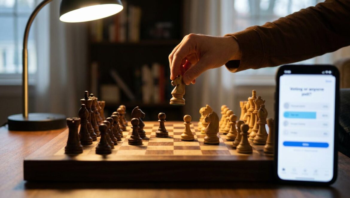 Magnus Carlsen contra el mundo: el empate viral que expone cómo pensamos (y nos frenamos) en internet Tablero de ajedrez con salida tipo Chess960 y un móvil con una votación borrosa al lado, en luz cálida de interior, con una mano a punto de mover