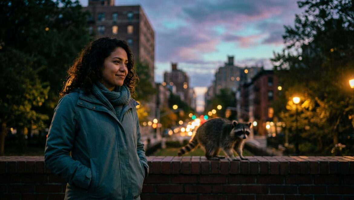 Mapaches urbanos vs. humanos cansados: la domesticación que no veías venir Mujer joven observa con calma a un mapache cerca de un contenedor en un parque urbano al atardecer.