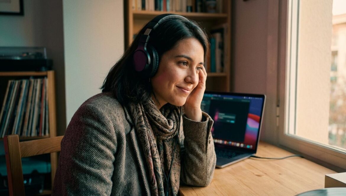 Mejores canciones de 2025: lo que la lista de The FADER revela de nuestro caos musical Periodista musical joven escuchando canciones con auriculares frente a un portátil y estanterías con vinilos.