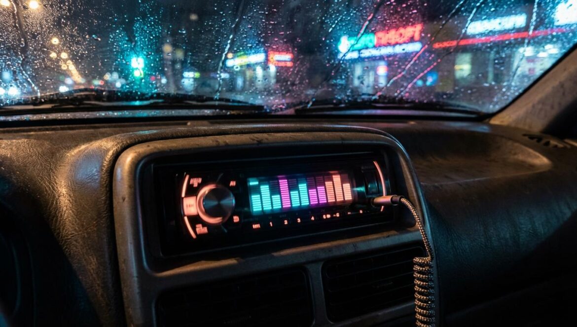 Mejores canciones de rap de diciembre 2025: el mes donde el rap volvió a moverse raro Primer plano de un equipo de sonido en un coche, con ecualizador iluminado y reflejos de neón en una noche lluviosa
