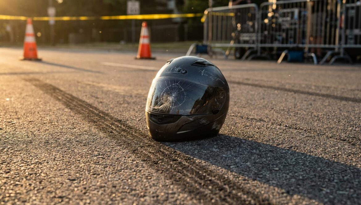 Misión Imposible 2: la acción que vendió gloria y escondió al doble que pagó el precio Casco de moto agrietado sobre asfalto con marcas de derrape, al fondo vallas y conos de seguridad en un set de rodaje, luz cálida de atardecer
