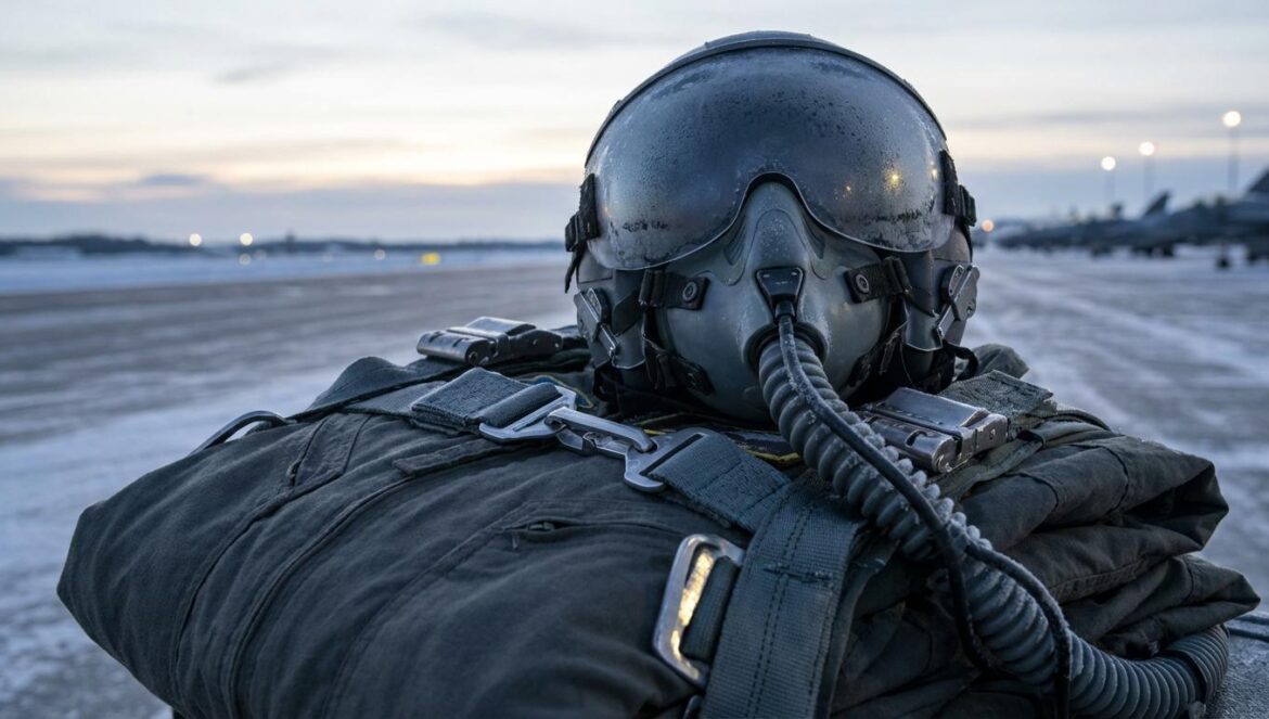 Misión Imposible: Fallout y el truco que la hizo eterna: cuando el riesgo se ve (y se siente) Máscara de oxígeno de paracaidismo con escarcha sobre un traje de vuelo plegado, en un aeródromo al amanecer, con correas y hebillas en primer plano.