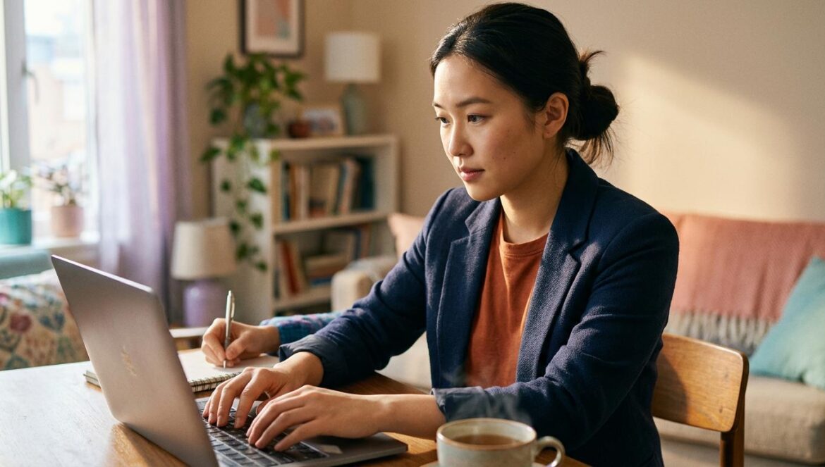 Moon River: ¿por qué la jugada de Kim Se Jeong cambia el juego del tri-fandom del drama? Periodista cultural tomando notas en un portátil mientras ve una serie, con libreta y taza al lado, luz cálida y fondo desenfocado