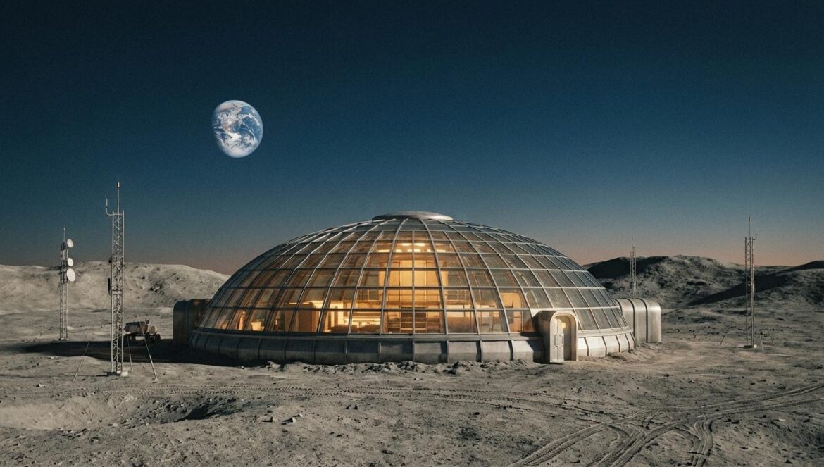 Moonhaven aterriza sin aviso en Netflix: la serie lunar cancelada que ahora pide segunda oportunidad Cúpula futurista de colonia lunar iluminada sobre suelo polvoriento, con la Tierra al fondo y huellas de un rover, en luz azul de crepúsculo