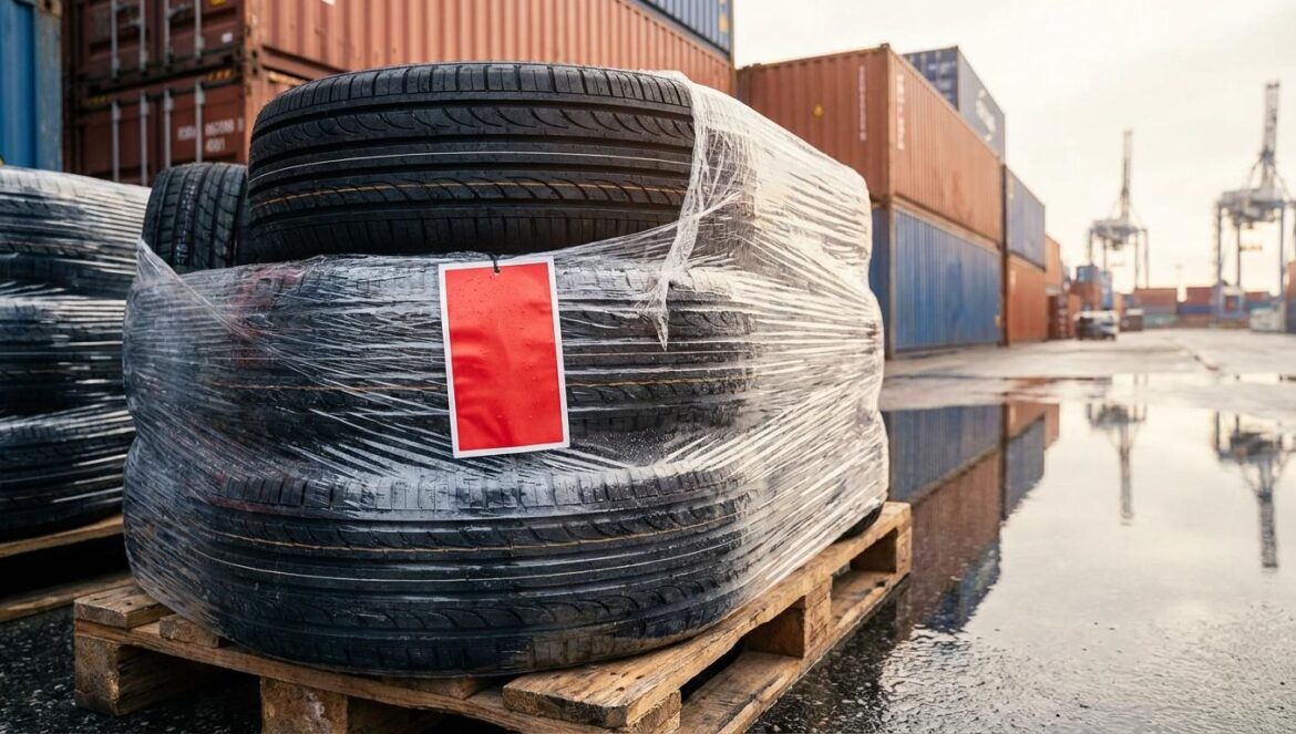Neumáticos Linglong: el veto de Trump por trabajo forzoso que deja a Europa en evidencia Palés de neumáticos envueltos con una etiqueta roja de inspección en un puerto industrial, con contenedores al fondo y asfalto mojado.
