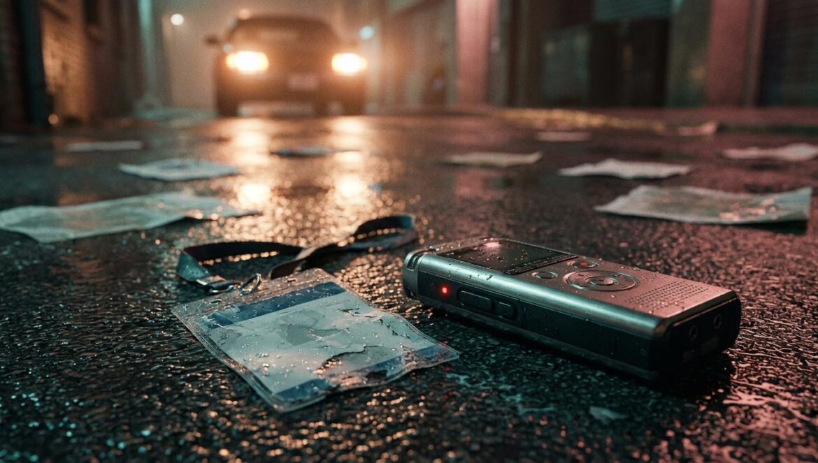 Nice to Not Meet You: de romcom a thriller a golpes, y el detalle que lo explica Una credencial de prensa y una grabadora tiradas en el asfalto mojado, con faros de coche acercándose al fondo en una calle nocturna.