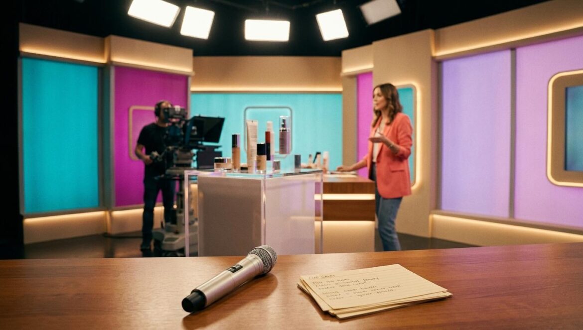 No Next Life: el cameo de Kim Ho Young no es fanservice, es un guiño al poder real del home shopping Un plató de tele tipo teletienda con pedestal de producto, luces potentes y tarjetas de guion sobre una mesa, en ambiente nocturno.