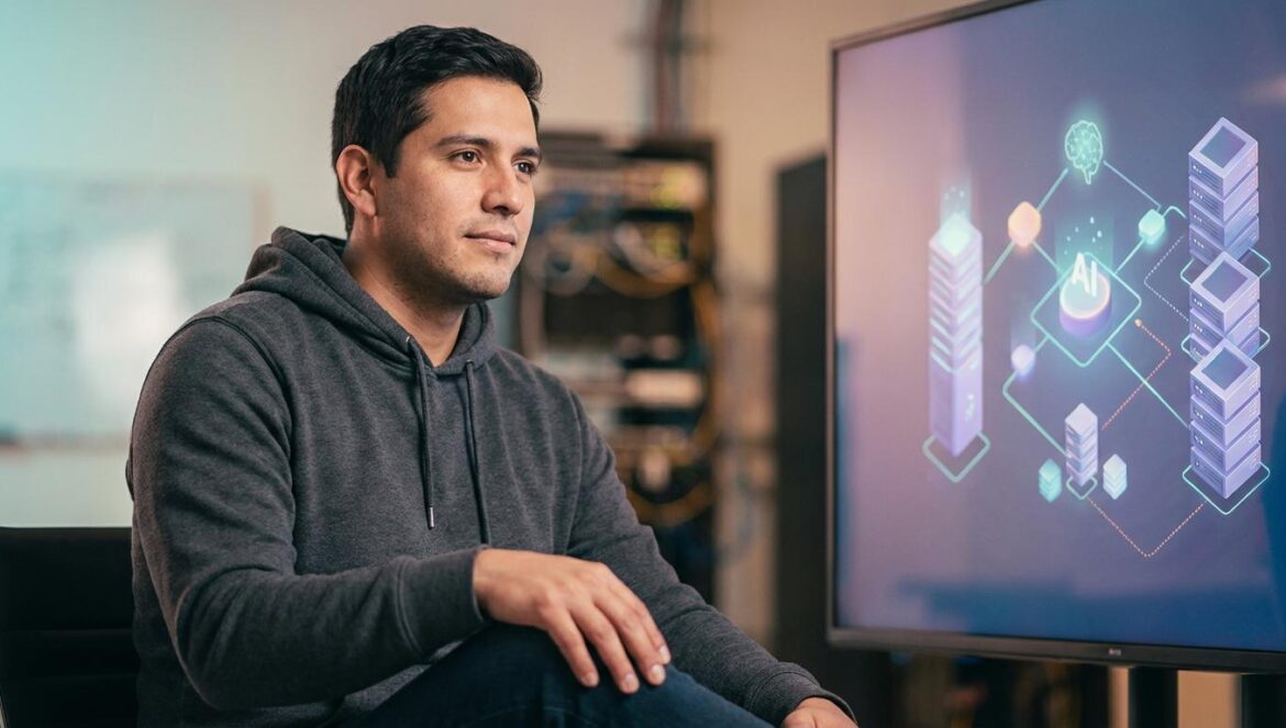 Nvidia, China y el golpe de realidad: chips sin cemento no ganan la carrera de la IA Joven ingeniero latino observando en una pantalla el esquema de un centro de datos de IA.