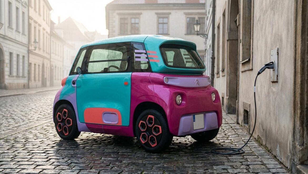 Olinia no quiere ser el Tesla mexicano: el verdadero plan es conquistar trayectos cortos Un microauto eléctrico pequeño cargando en un enchufe de pared, estacionado en una calle angosta con adoquines y reflejos de lluvia suave.