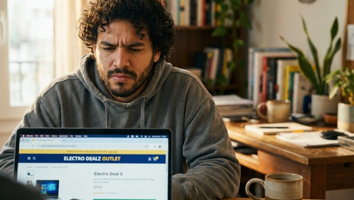 Outlet de MediaMarkt: el juego oculto entre gangas brutales y FOMO máximo Joven revisando ofertas de tecnología en un portátil, con una taza de café en un escritorio en casa.