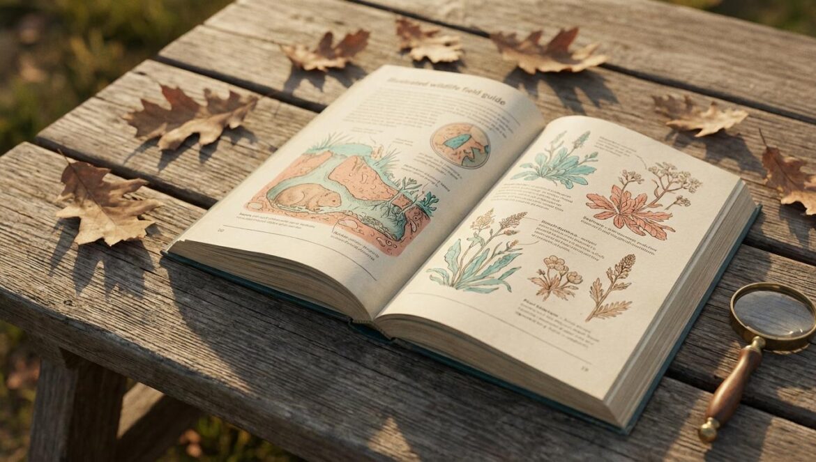 Pokécology llega en inglés: el detalle que cambia cómo miramos a Pokémon Un libro guía ilustrado abierto con diagramas de hábitats y criaturas, sobre una mesa de madera al aire libre con hojas secas y una lupa, luz cálida