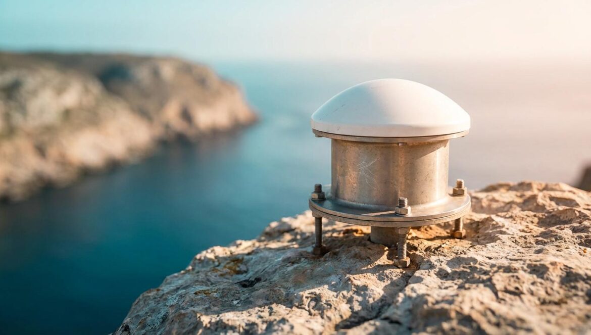 ¿Por qué España gira “al revés” en Europa y qué dice la ciencia sobre cerrar el Mediterráneo? Estación GNSS con antena blanca sobre un acantilado rocoso frente a un estrecho marítimo, con luz de mañana y bruma suave del océano.