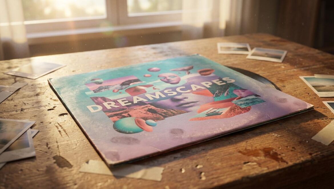Portadas de álbumes 2025: el detalle que las hace parar el scroll (y vuelve a los Grammys) Una funda de vinilo con collage fotográfico sobre una mesa de madera, con copias sueltas y cinta mate, iluminada a contraluz con luz cálida.