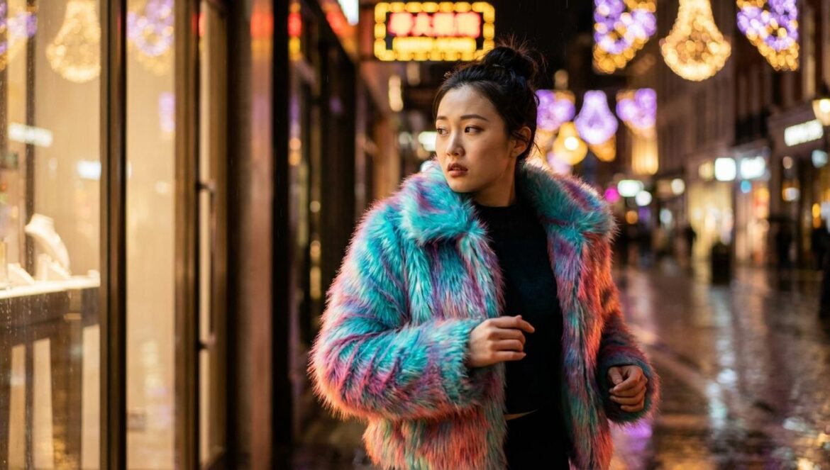 Project Y reescribe el atraco femenino: lo que esconden sus pósters de Gangnam Joven asiática con abrigo de pelo falso corre de noche por una calle de neones en un barrio lujoso.