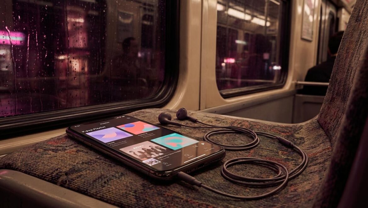 ¿Qué revelan las mejores canciones K-pop de 2025 sobre el pop que viene? Un móvil con una playlist de K-pop junto a auriculares sobre un asiento de metro, con reflejos de neón y gotas de lluvia en la ventana.